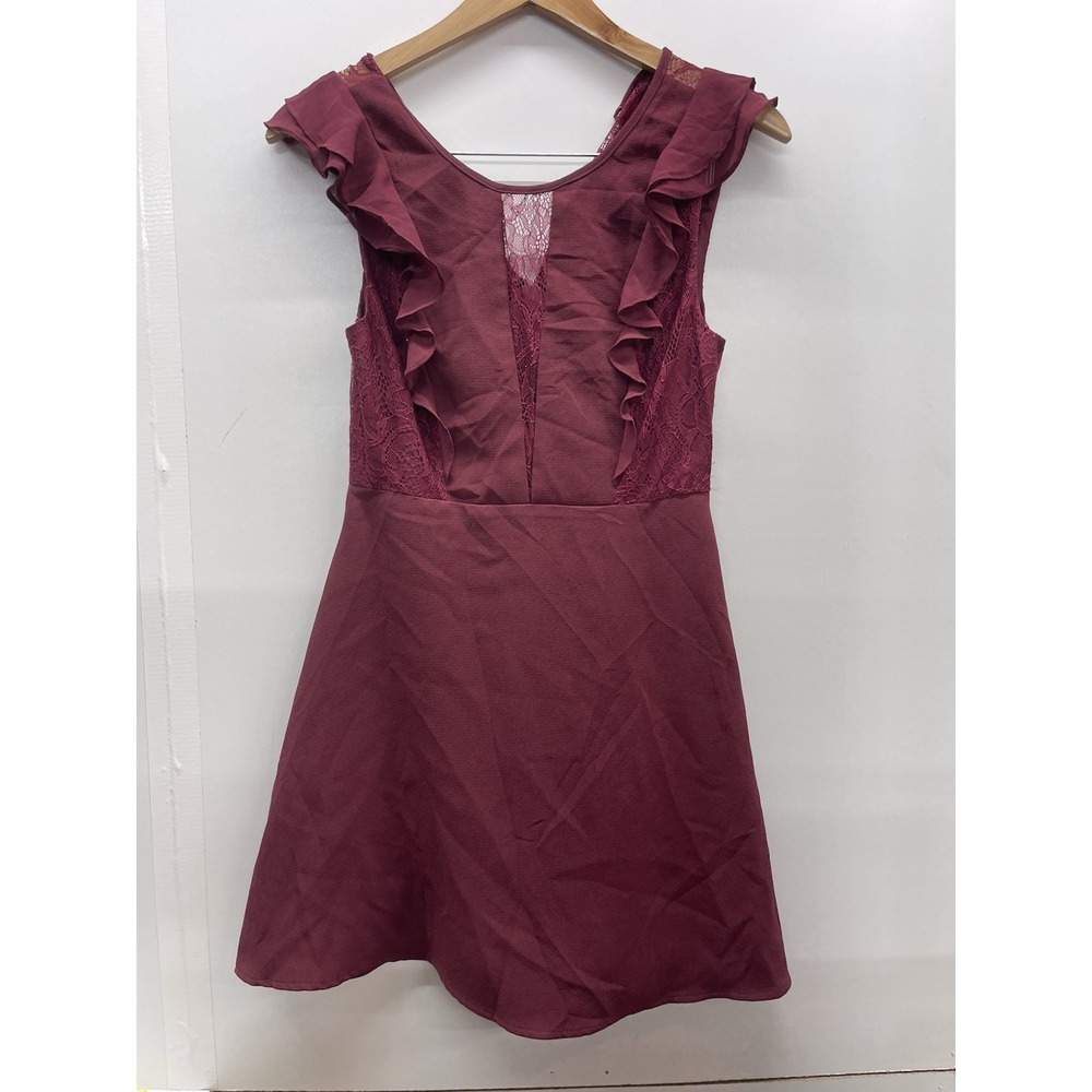 BCBGeneration‎ Burgundy Lace Ruffle Fit and Flare Cocktail Mini Dress Womens 2